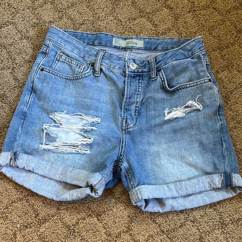 Women's Distressed Blue Denim Shorts- top shop- size 8